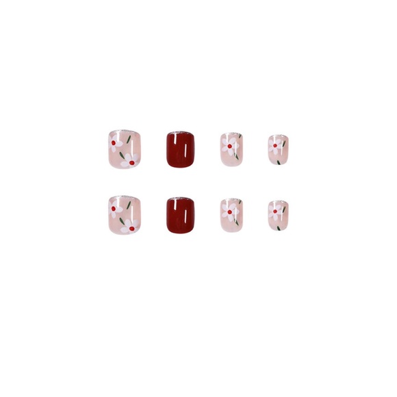 Short Red flower Press On Nails| Square shape press on nails| red nails| flower - Picture 3 of 3